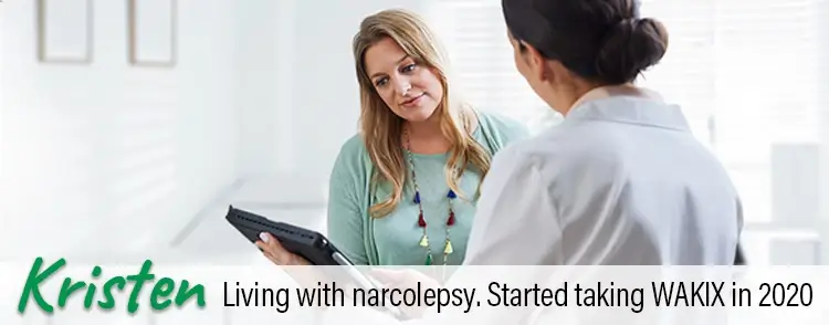 Kristen, a real person living with narcolepsy taking WAKIX, talking with her doctor