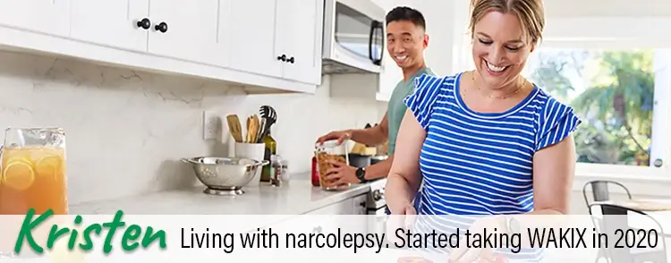 Kristen, a real person living with narcolepsy taking WAKIX, in the kitchen